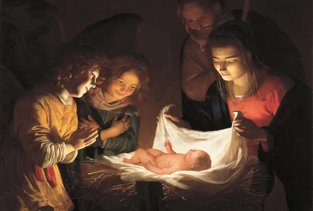 Gerrit van Honthorst, Adorazione del Bambino (1619-1620 circa; olio su tela, 95,5 x 131 cm; Firenze, Galleria degli Uffizi)